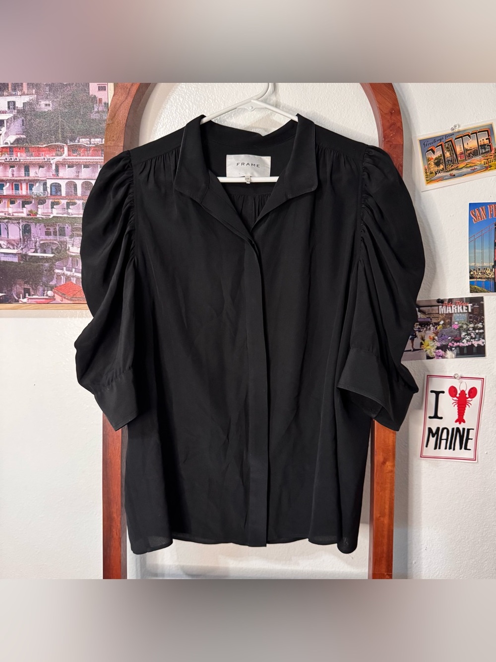 Frame Denim Gillian Silk Black Puff Sleeve Blouse - Picture 5 of 12